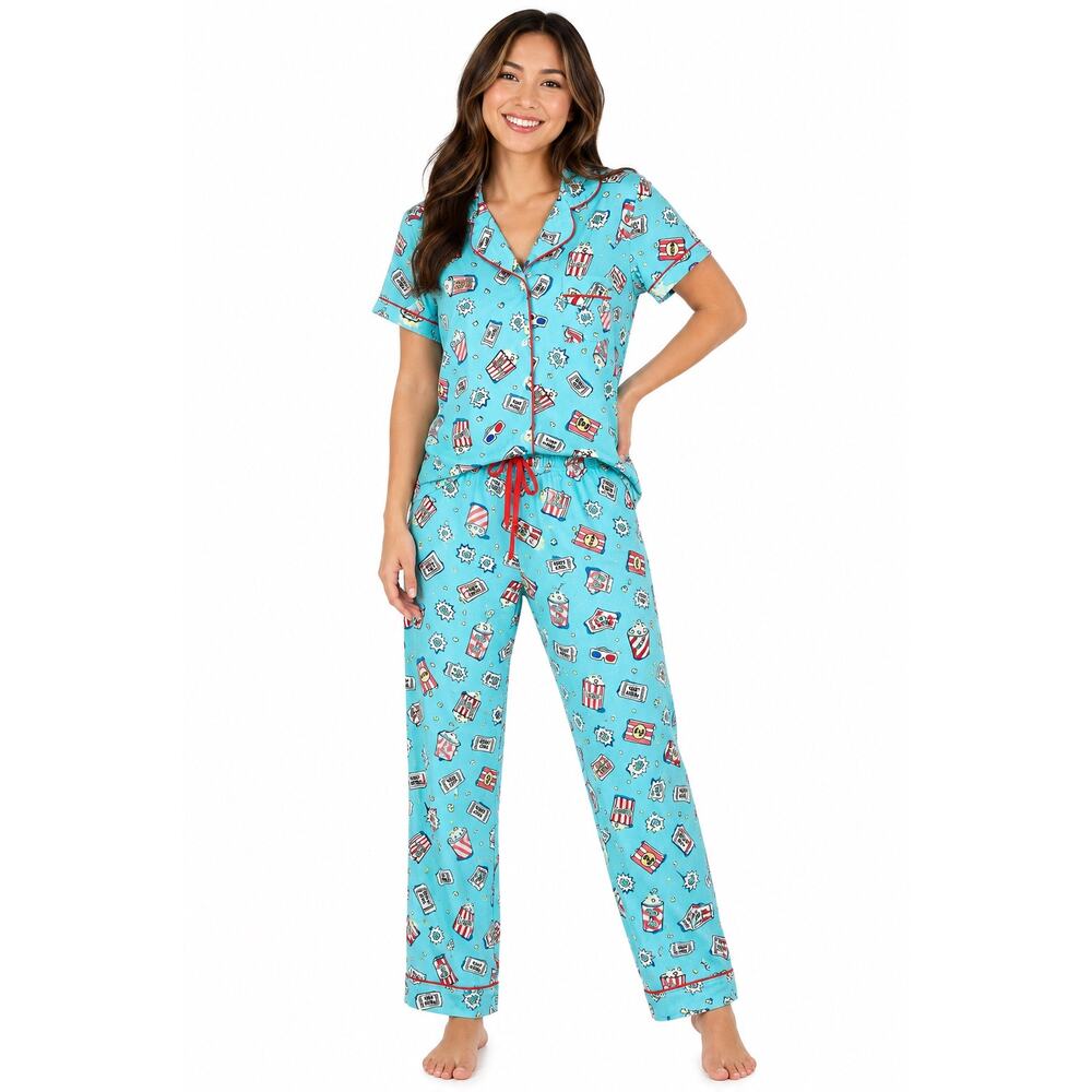 Pillow Talk Popcorn Movie Night Pajama Set Aqua Blue Button Up Lounge Set L